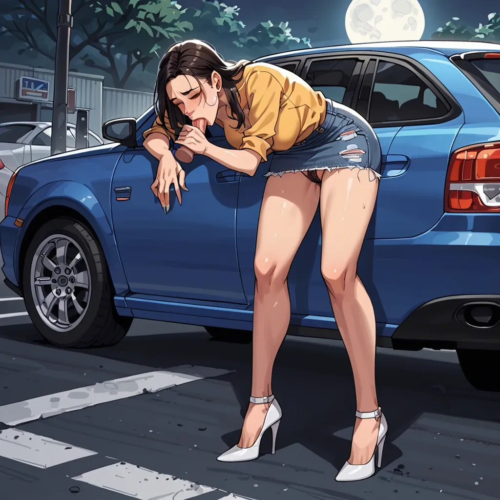 Full moon, Hiding behind a parked car, parking garage,jean skirt, cute teen, lace panties,panties to the side, knees apart, HD face, pussy , anime, high heels, latina, ahegeo, greedy sucking,blowjob ,midnight, dark, average man, shadows