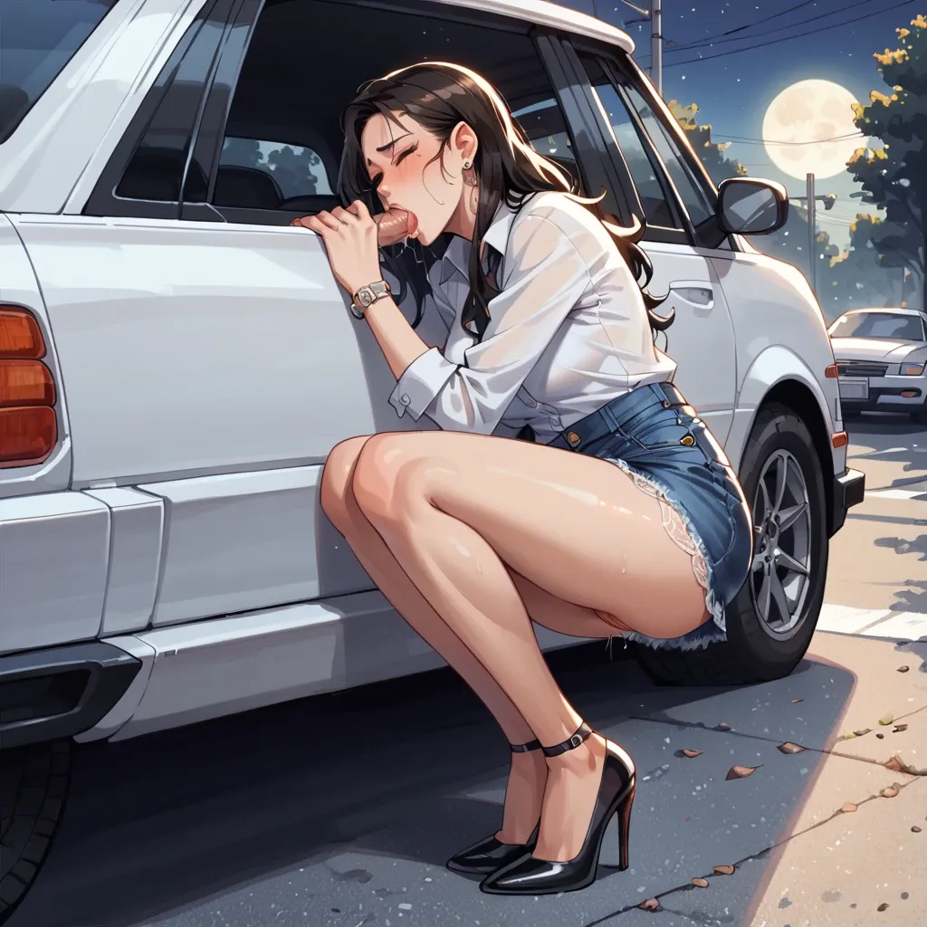 Full moon, Hiding behind a parked car, parking garage,jean skirt, cute teen, lace panties,panties to the side, knees apart, HD face, pussy , anime, high heels, latina, ahegeo, greedy sucking,blowjob ,midnight, dark, average man