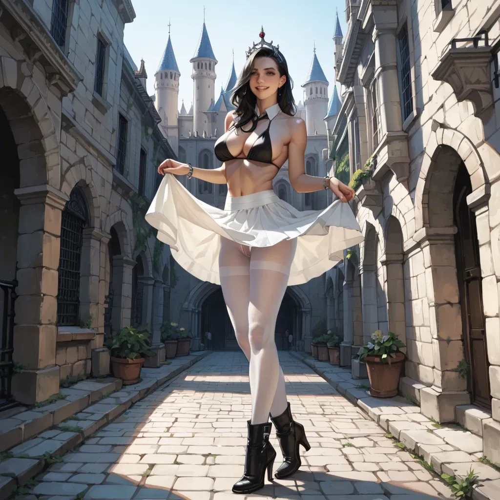 1girl,solo, , , , group watching,warm smile,deep cleavage,side boob,anklets, underskirt,white pantyhose,collared,bikini top lift,gothic boots, palace bedroom, streets, dungeon, ultra realistic, bright-lit room, princess zelda