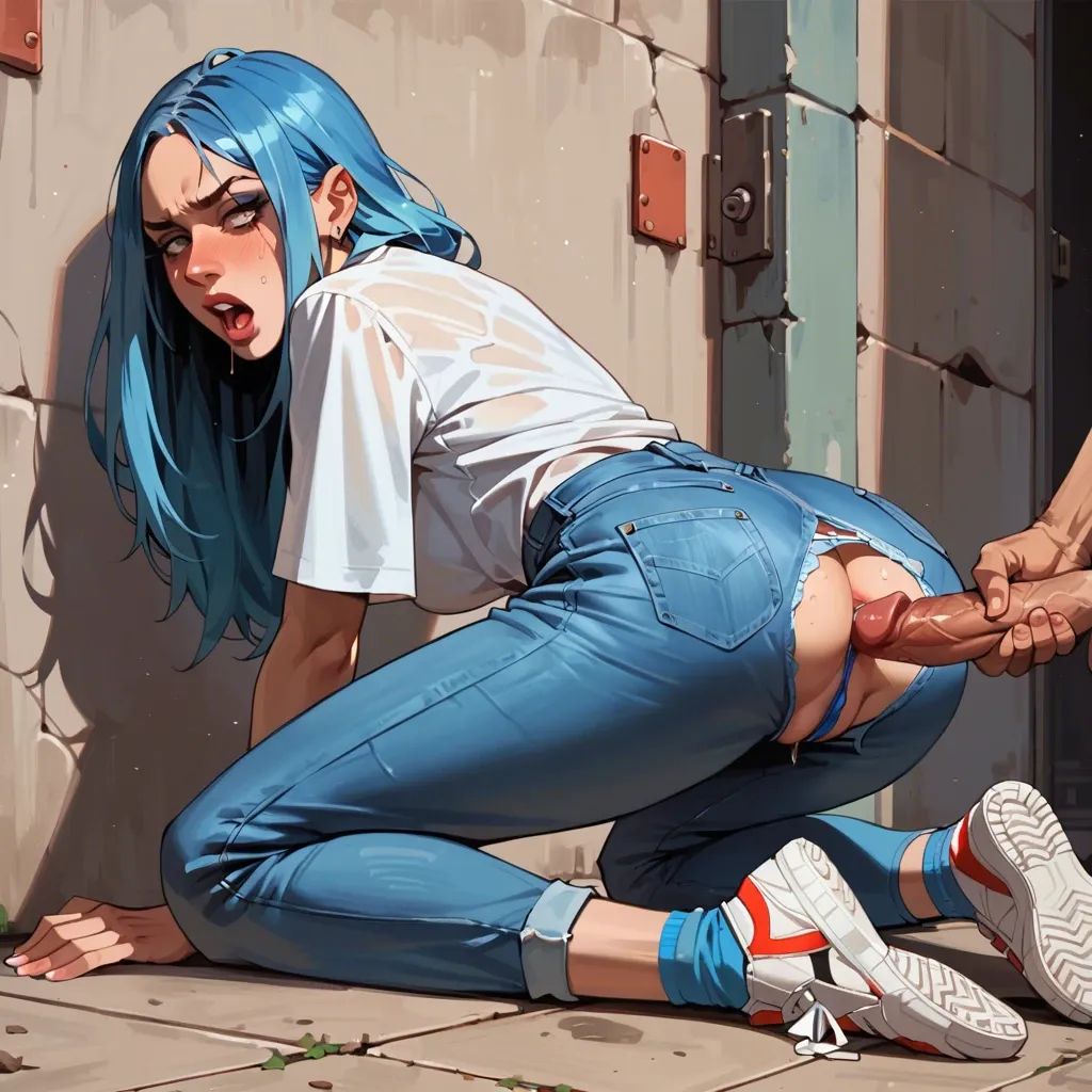 Paid homeless girl with blue hair and blue panties and blue socks jeans and shirt anal scrapyard