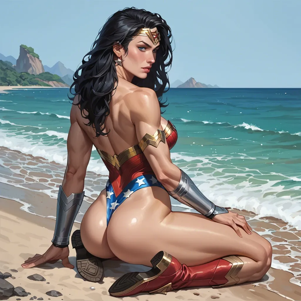 (Wonder Woman - DC Comics), Diana, 1girl, long hair, tiara, blue eyes, leotard, star (symbol), boots, bracers, black hair, ass thong, beach