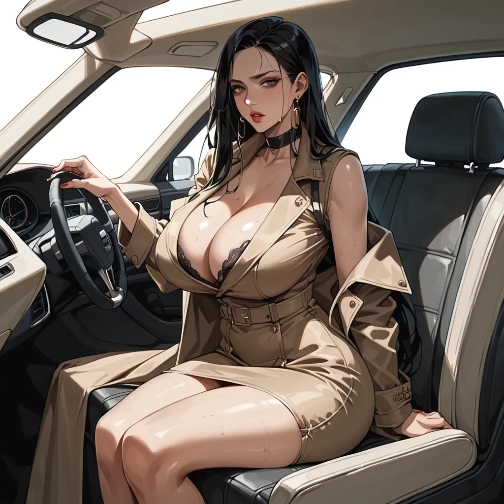 from front,trench dress,huge breasts, black long hair,simple background,sitting,car,