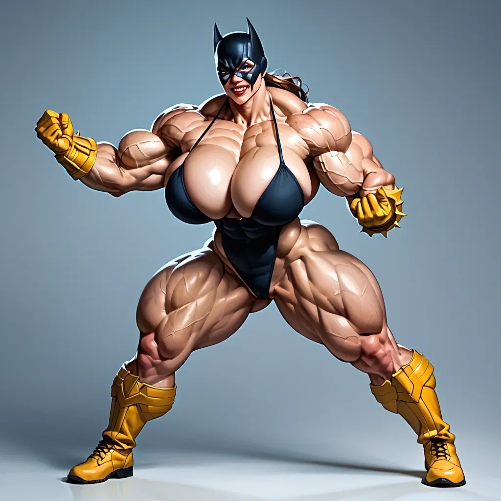 Batgirl, Massive bodybuilding female, massive muscular trapèze, massive muscular épaule, massive musclar biceps, boobs, muscle abdos, hyper muscular legs, massive muscular mollet, female lingerie bas porte jarretelle