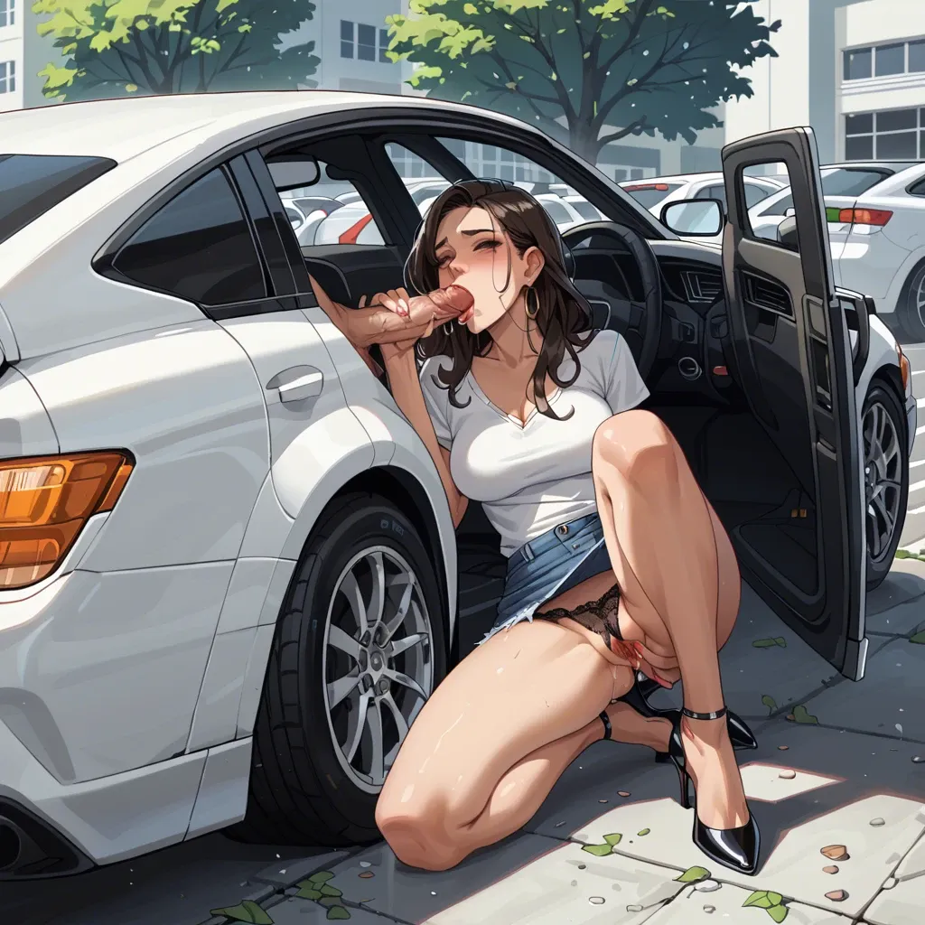 Full moon, Hiding behind a parked car, parking garage,jean skirt, cute teen, lace panties,panties to the side, knees apart, HD face, pussy , anime, high heels, latina, ahegeo, greedy sucking,blowjob ,midnight, dark, average size d, shadows