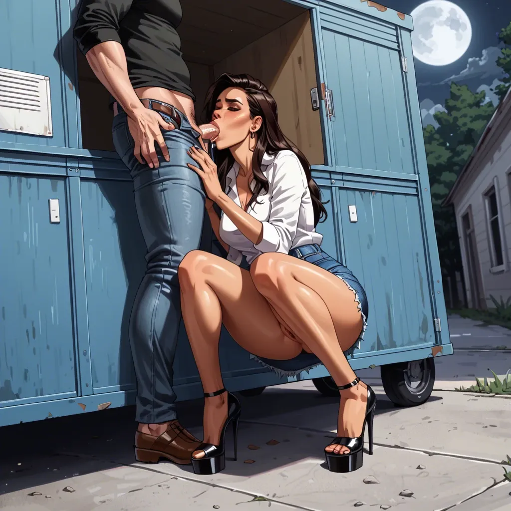 Full moon, Hiding behind dumpster,jean skirt, panties to the side, knees apart, pussy, high heels, latina, ahegeo, greedy sucking,blowjob ,midnight, average size dick, shadows