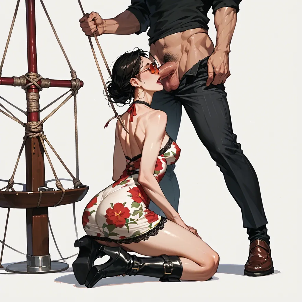 1girl,1boy, , , , nose,kneeling slut,round boobs,bondage ship,colored skin, floral dress,lace,red sunglasses,showing thong,black boots, maebari, undress