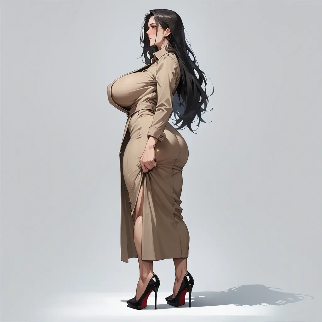 full body,looking ahead,behind the face,trench dress,huge breasts,hand support wall, black long hair,simple background,standing,highheels,