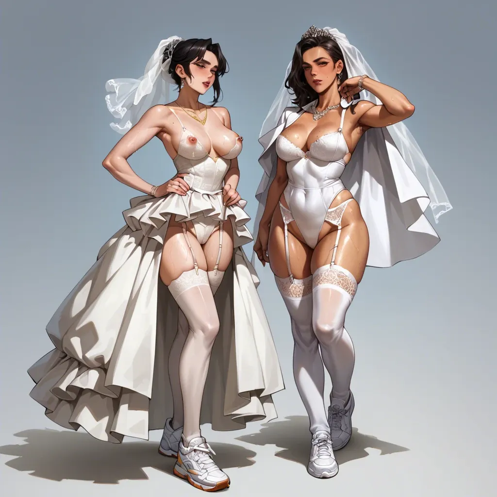 2girl, , , , molest,armpit fetish,pierced nipples,round hips,sweaty skin, cocktail dress,golden necklace,garter belt,white bra,white sneakers, wedding dress,baggy socks,cape,leotard,white sneakers, city, tavern, nude bondage, very detailed, bright eyes, ariel waifu