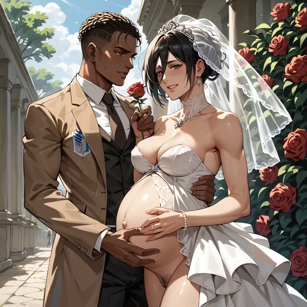 Mikasa Ackerman from Attack on Titan, pregnant, wearing a wedding dress, smiling, holding a rose, in a garden, the audience applauding her, next to her is her dark-skinned black African husband.