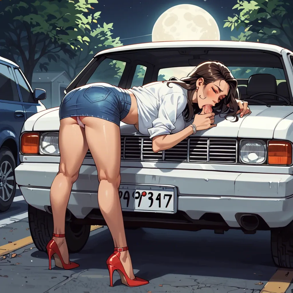 Full moon, Hiding behind a parked car, parking garage,jean skirt, cute teen, lace panties,panties to the side, knees apart, pussy , anime, high heels, latina, ahegeo, greedy sucking,blowjob ,midnight, dark, average size dick, shadows