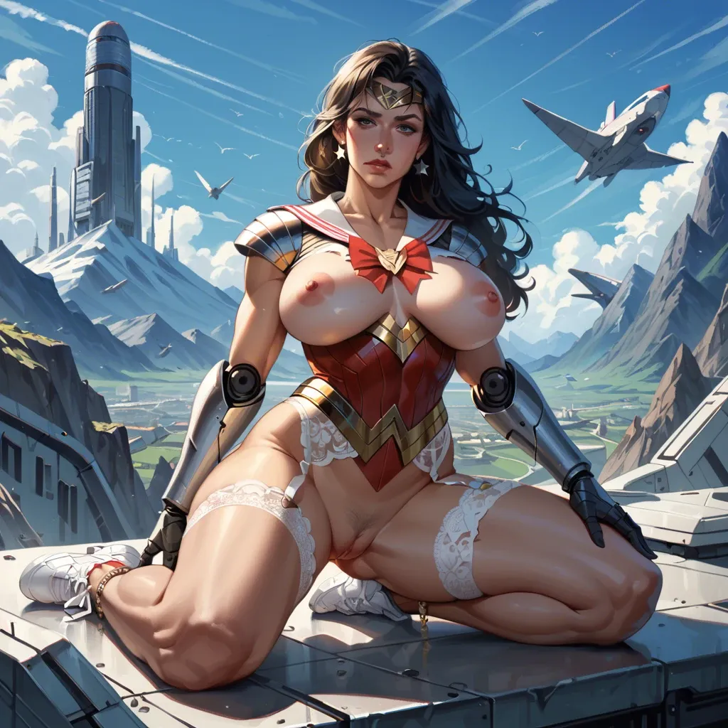 1girl,solo, , , , nostrils,armour,huge breast,wide plump hips,robot joints, torn dress,anklets,garter belt,lace lingerie,white sneakers, hotel, mountains, spaceship, wonder woman, sailor moon