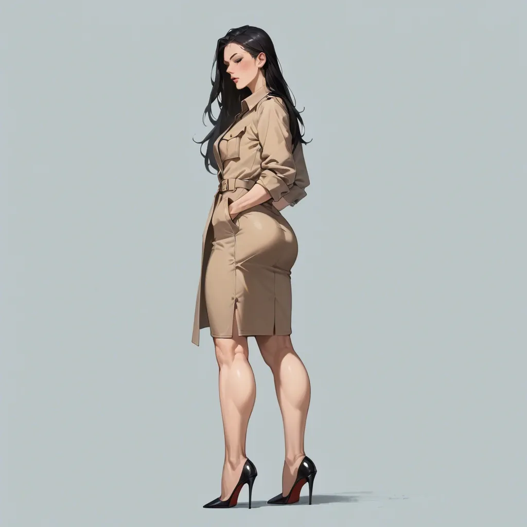 full bodt,side view,behind the head,curvy,trench dress, black long hair,simple background,standing, hands in pockets,highheels,Feet Apart,