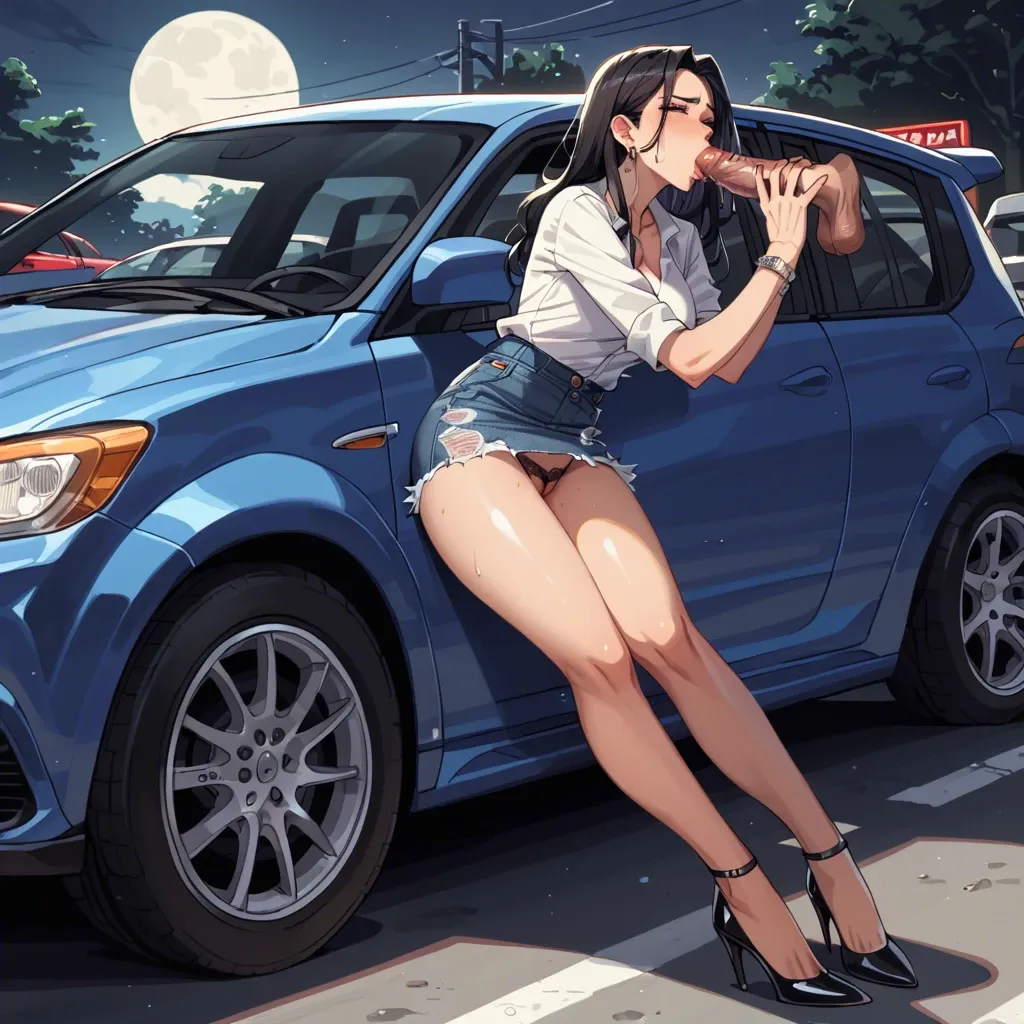 Full moon, Hiding behind a parked car, parking garage,jean skirt, cute teen, lace panties,panties to the side, knees apart, HD face, pussy , anime, high heels, latina, ahegeo, greedy sucking,blowjob ,midnight, dark, average size dick, shadows