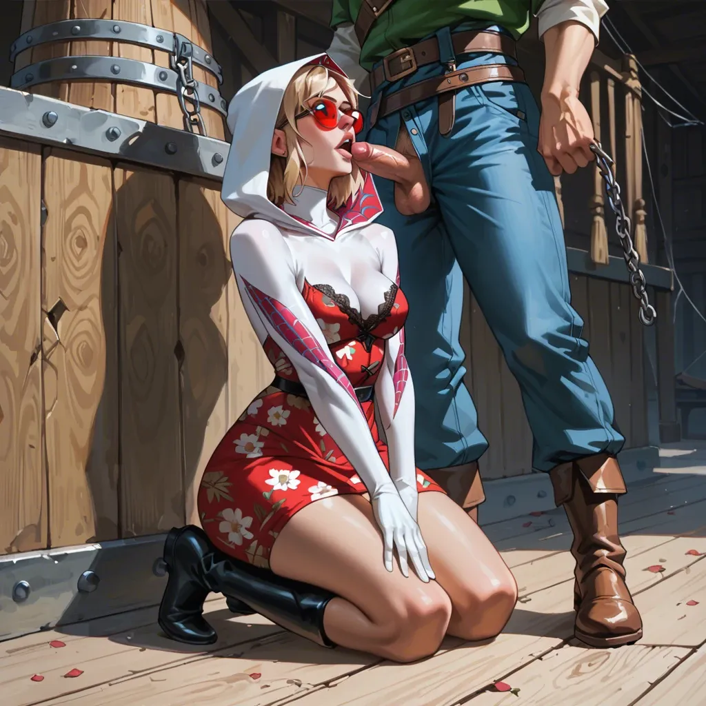 1girl,1boy, , , , nose,kneeling slut,round boobs,bondage ship,colored skin, floral dress,lace,red sunglasses,showing thong,black boots, maebari, medieval dress, link, spider-gwen