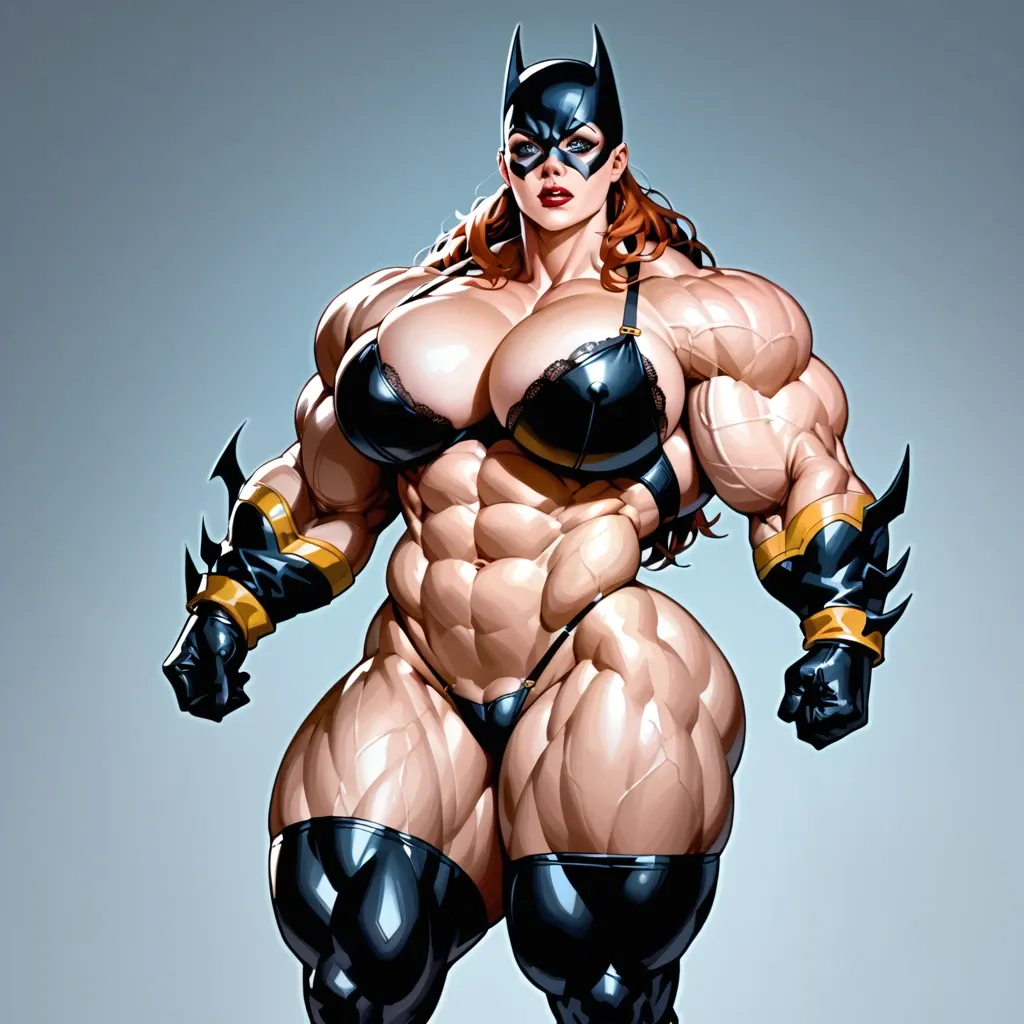 Batgirl, Massive bodybuilding female, massive muscular trapèze, massive muscular épaule, massive musclar biceps, boobs, muscle abdos, hyper muscular legs, massive muscular mollet, female lingerie bas latex, futa big cock