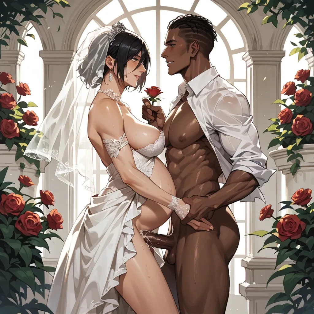 Mikasa Ackerman from Attack on Titan, pregnant, wearing a wedding dress, smiling, holding a rose, in a garden, the audience applauding her, next to her is her dark-skinned black African husband.