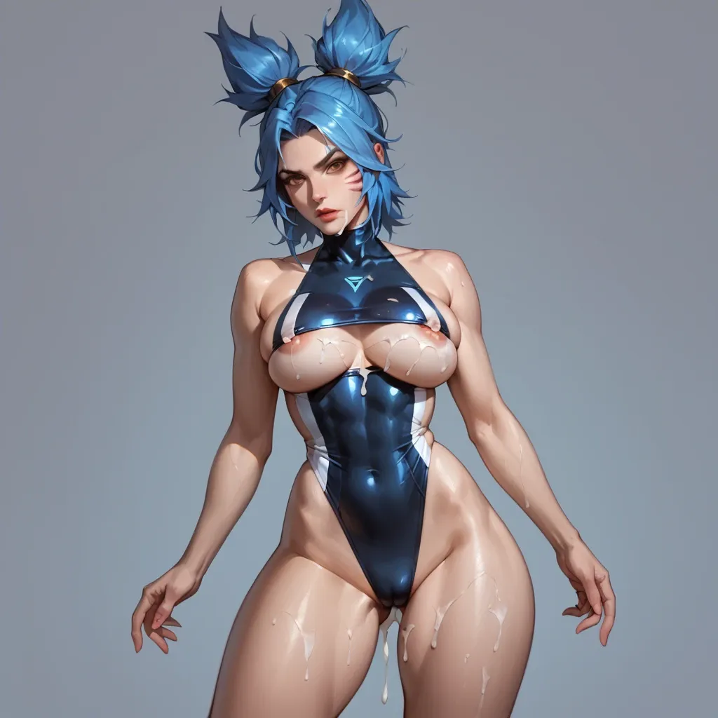 zeri league of legends fat ass  brown eyes  blue hair  cum   cum in ass  female focus  gris swimsuit  large breasts   looking at viewer   nipples  one-piece swimsuit see-through  thick thighs   underboob   wide hips slim waist standing cum on titties cum between titties  facing me