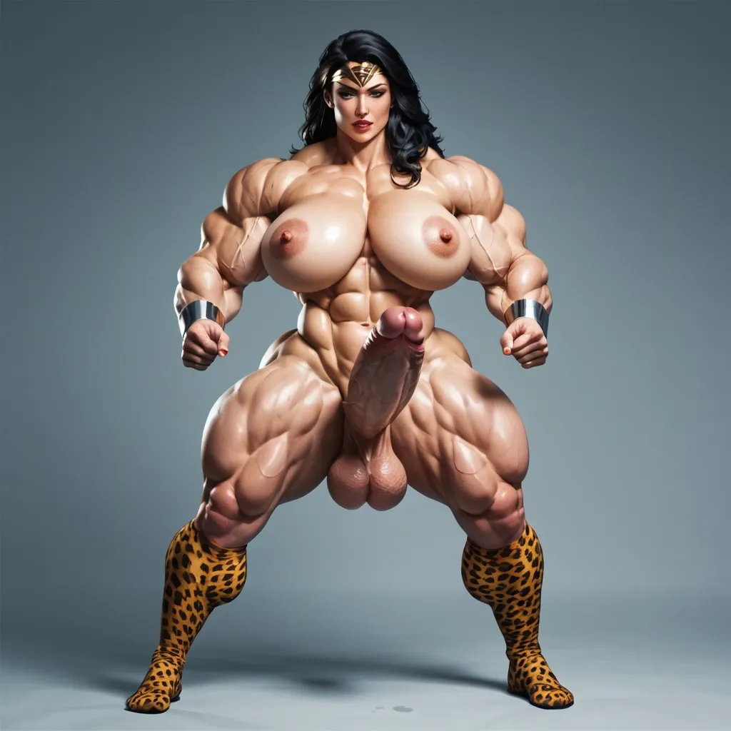 Man muscle huge cock , wonder woman futa cock, Massive bodybuilding female, massive muscular trapèze, massive muscular épaule, massive musclar biceps, nude , muscle abdos, hyper muscular legs, Leopard Print Stockings