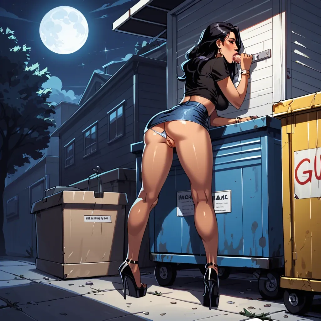 Full moon, nighttime, Hiding behind dumpster,jean skirt, panties to the side, knees apart, pussy, high heels, latina, ahegeo, greedy sucking,blowjob ,midnight, average size dick, shadows