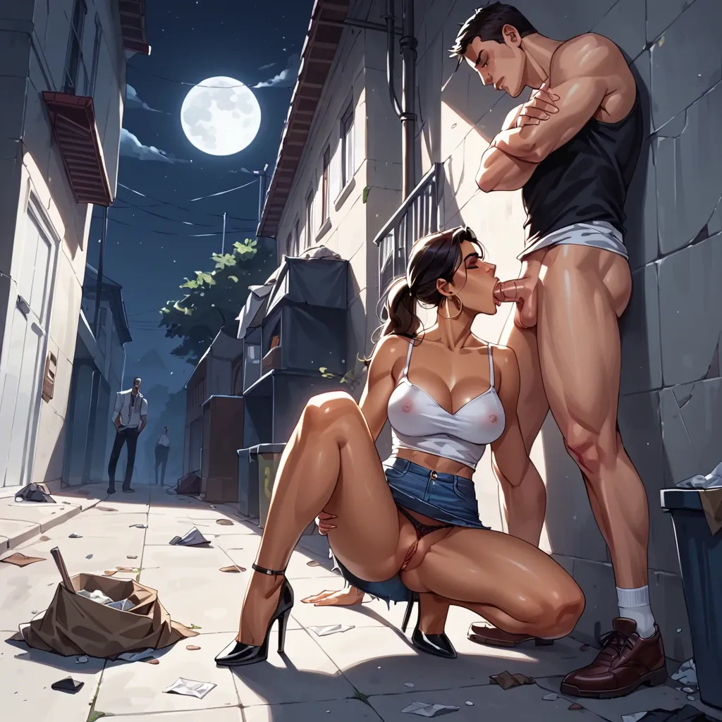 moon, nighttime, Hiding behind trash,jean skirt, panties to the side, knees apart, pussy, high heels, latina, ahegeo, greedy sucking,blowjob ,midnight, average size dick, shadows