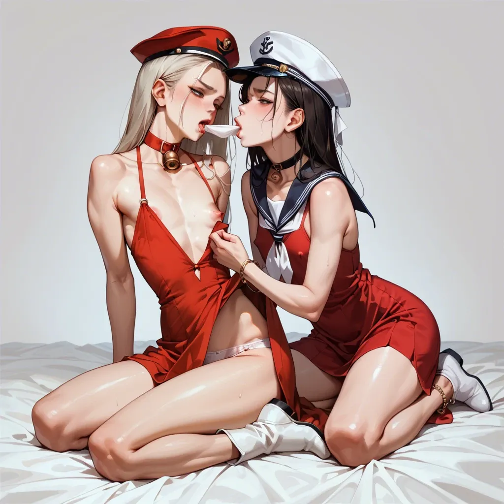 2girl, , , , bushy eyebrow,sole,flat chest,sucking breasts,neck bell, half-closed eye,normal feet,huge boobs,breasts,collarbone, red dress,anklets,sailor hat,panties aside,white boots, undressing,lace bra,elbow gloves,lace lingerie,knee boots, bathroom stall, airfield, cyberpunk, realistic style, dimmed lights, tifa lockhart, spider-gwen, ariel waifu