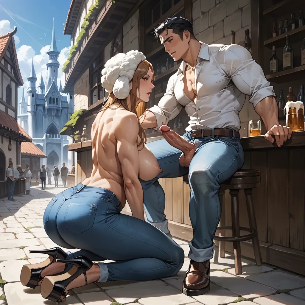 1girl,1boy, , , , touching body,muscular thighs,saggy boobs,look back,kneeling female, jeans,ice palace,wool hat,thongs,platform heels, nobara kugisaki, on the street, tavern setting, zelda, spider-gwen