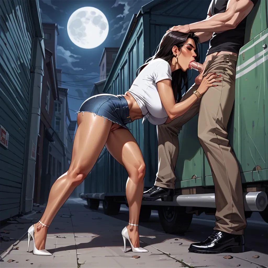 moon, nighttime, Hiding behind ,jean skirt, panties to the side, knees apart, pussy, high heels, latina, ahegeo, greedy sucking,blowjob ,midnight, average size dick, shadows