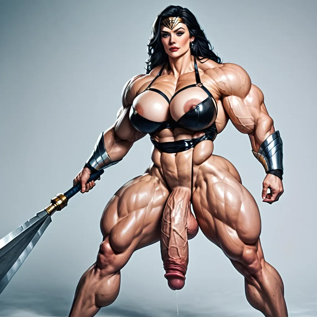 Wonder woman, Massive bodybuilding female, massive muscular trapèze, massive muscular épaule, massive musclar biceps, nude boobs, muscle abdos, hyper muscular legs, massive muscular mollet, female lingerie bas latex, futa huge cock