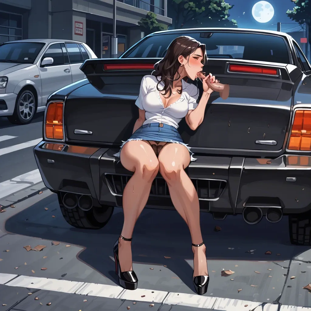 Full moon, Hiding behind a parked car, parking garage,jean skirt, cute teen, lace panties,panties to the side, knees apart, pussy, high heels, latina, ahegeo, greedy sucking,blowjob ,midnight, dark, average size dick, shadows