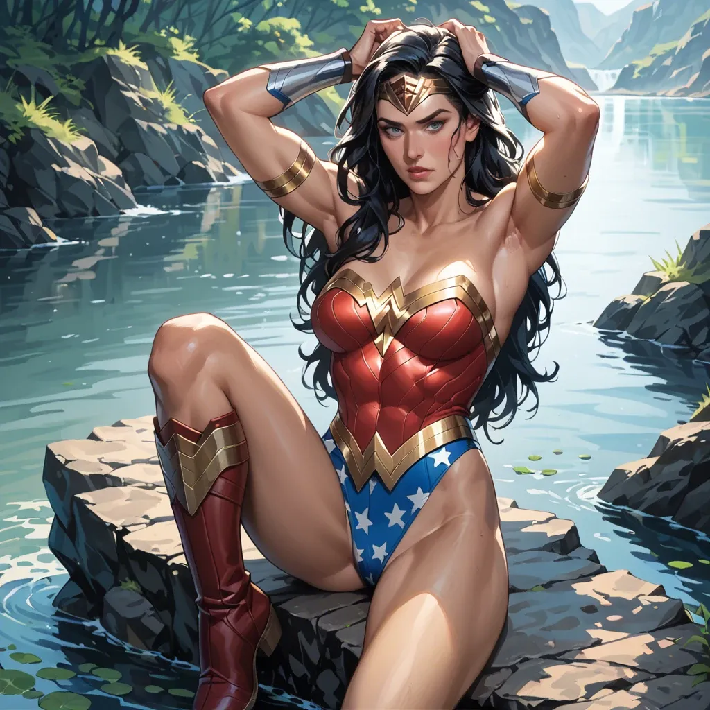 (Wonder Woman - DC Comics), Diana, 1girl, long hair, tiara, blue eyes, leotard, star (symbol), boots, bracers, black hair, sitting onto shore of river, (hands cupping head), (nsfw), (blue eyes), (black hair), (braid ponytail), (athletic body), (large boobs), (breasts bouncing), (flirtatious expression), (wet hair), (choker), (wet skin), (wonder woman tiara), (dropping breast milk), (volumetric sun lighthing filtered throug leaves), (forest lake vast landscape), (detailed sunset)