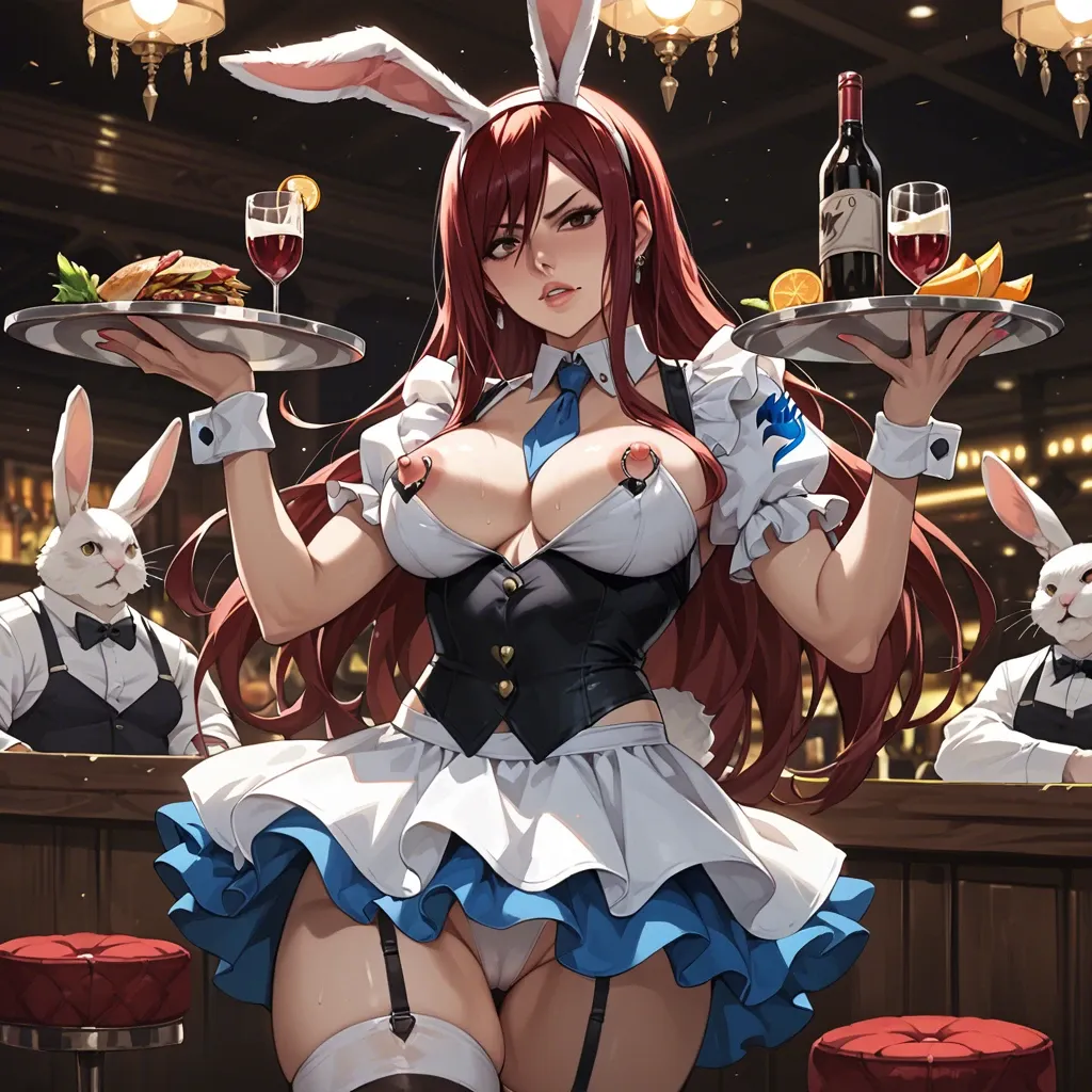 Erza scarlet from fairy tail  , 1girls, in luxury a nightclub , peace sign, pierced nipples, Rabbit outfit, waiter,