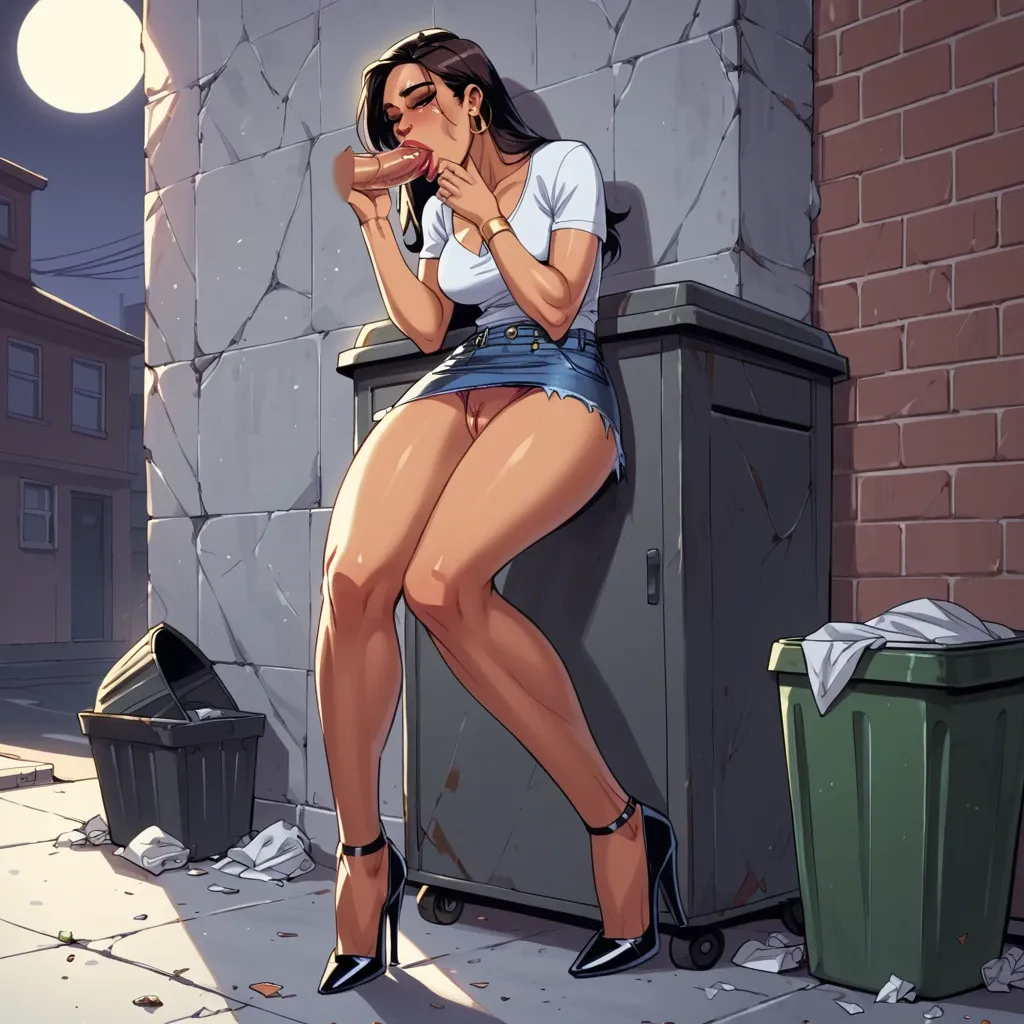 moon, nighttime, Hiding behind trash cans,jean skirt, panties to the side, knees apart, pussy, high heels, latina, ahegeo, greedy sucking,blowjob ,midnight, average size dick, shadows