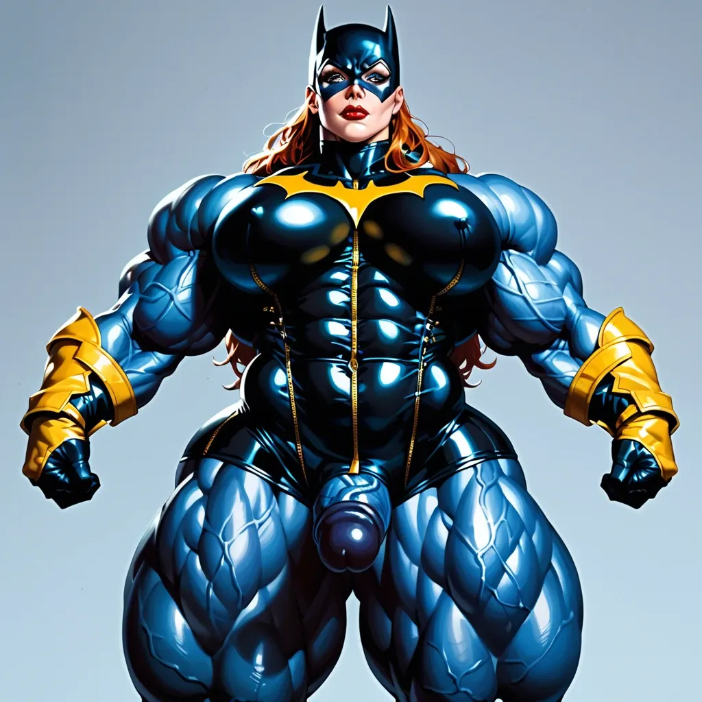 Batgirl, Massive bodybuilding female, massive muscular trapèze, massive muscular épaule, massive musclar biceps, boobs, muscle abdos, hyper muscular legs, massive muscular mollet, female corset latex, futa huge cock