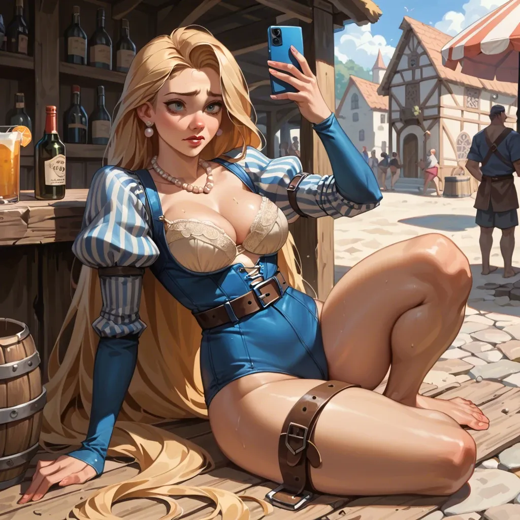 1girl,solo, , , , cheeks,thighs,big boobs,hips grab,pearl necklace, blue shirt,laced bodysuit,belts,beige bra,no shoes, bare feet, crowded beach, medieval tavern, phone, rapunzel waifu