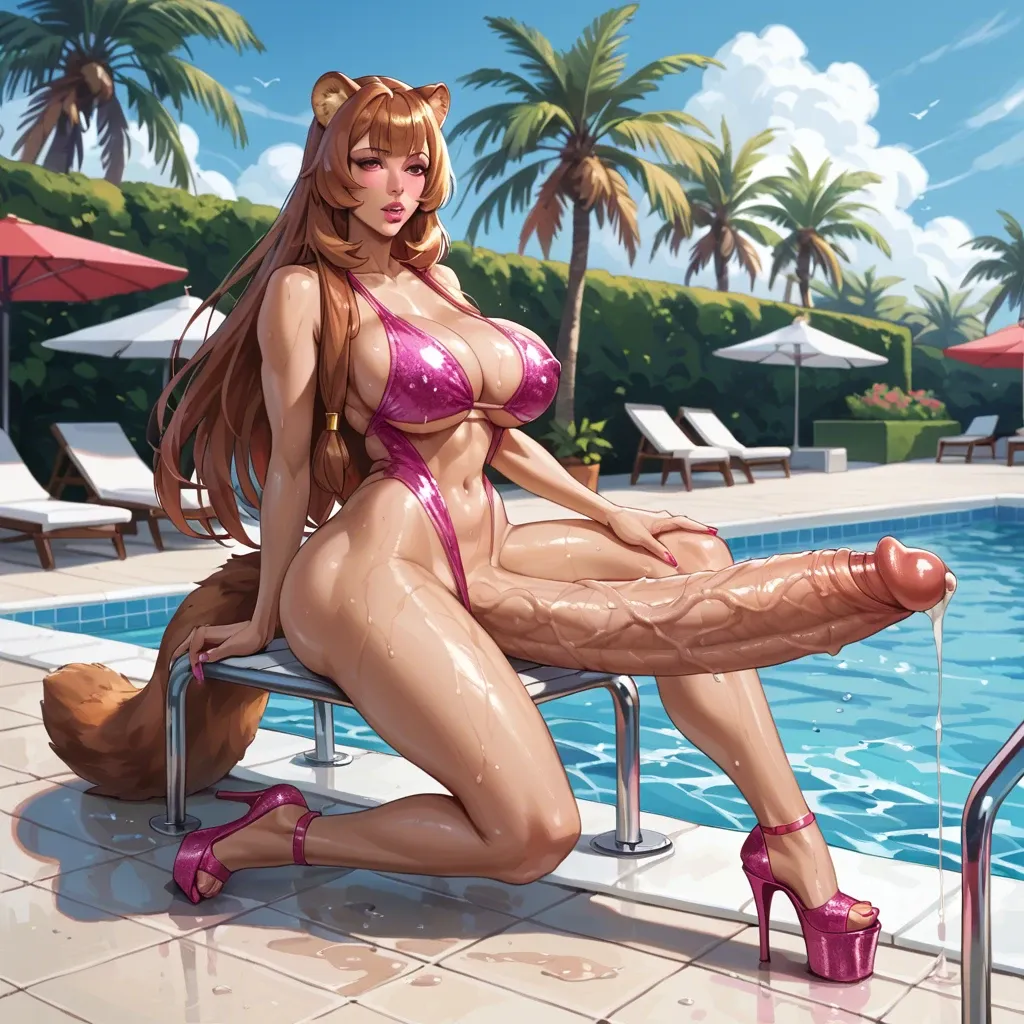 , Raphtalia,  pink glitter swimsuit, pink heels, huge boobs, oiled, bimbo, futanari, huge cock , precum, pool, holding cock