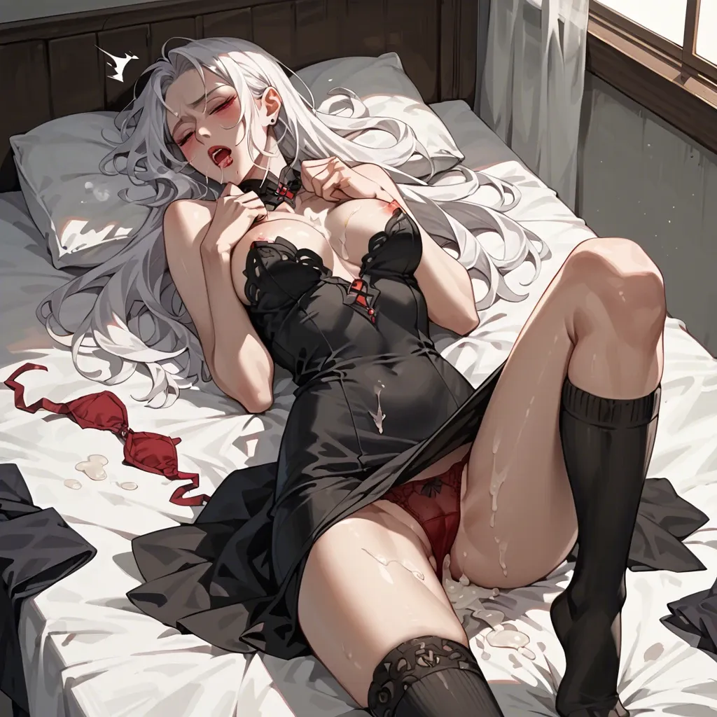 Suprised vampire with white hair and violet and black dress and black knee socks red panties waking up with cum over her face