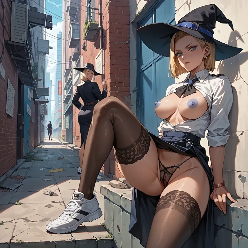 2girl, , , , lip,sexy thighs,blue nipples,arching back,tanned skin, office dress,sexy stockings,witch hat,lace thong,white sneakers, school uniform, dark alleyway, cyberpunk, android 18, source anime, bright-lit, zelda, disney princess, hinata hyuuga