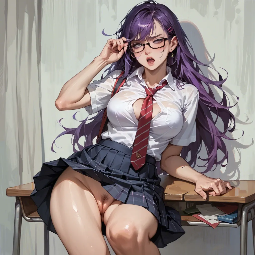 Purple hair, glasses, schoolgirl, raised skirt