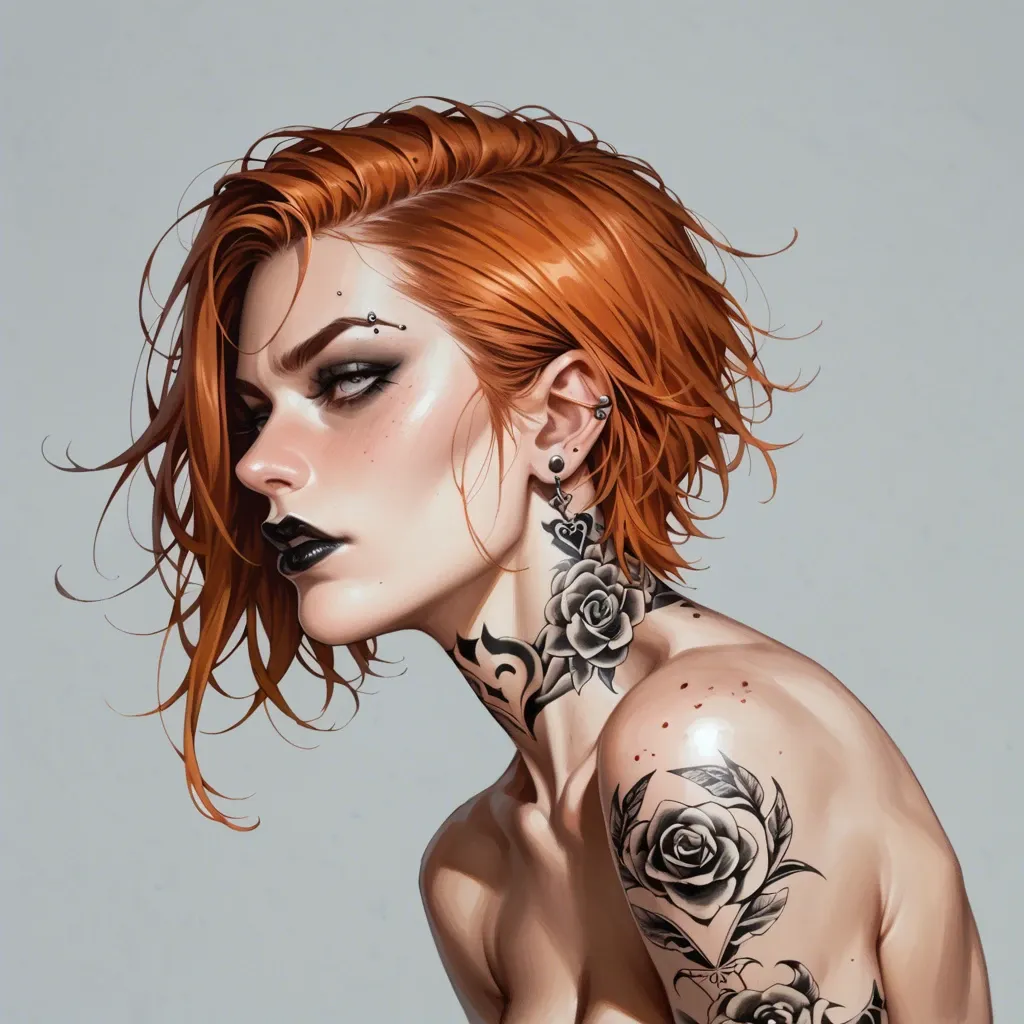 Athletic, tattooed, neck tattoo, ginger, black lipstick, gothic, creampied