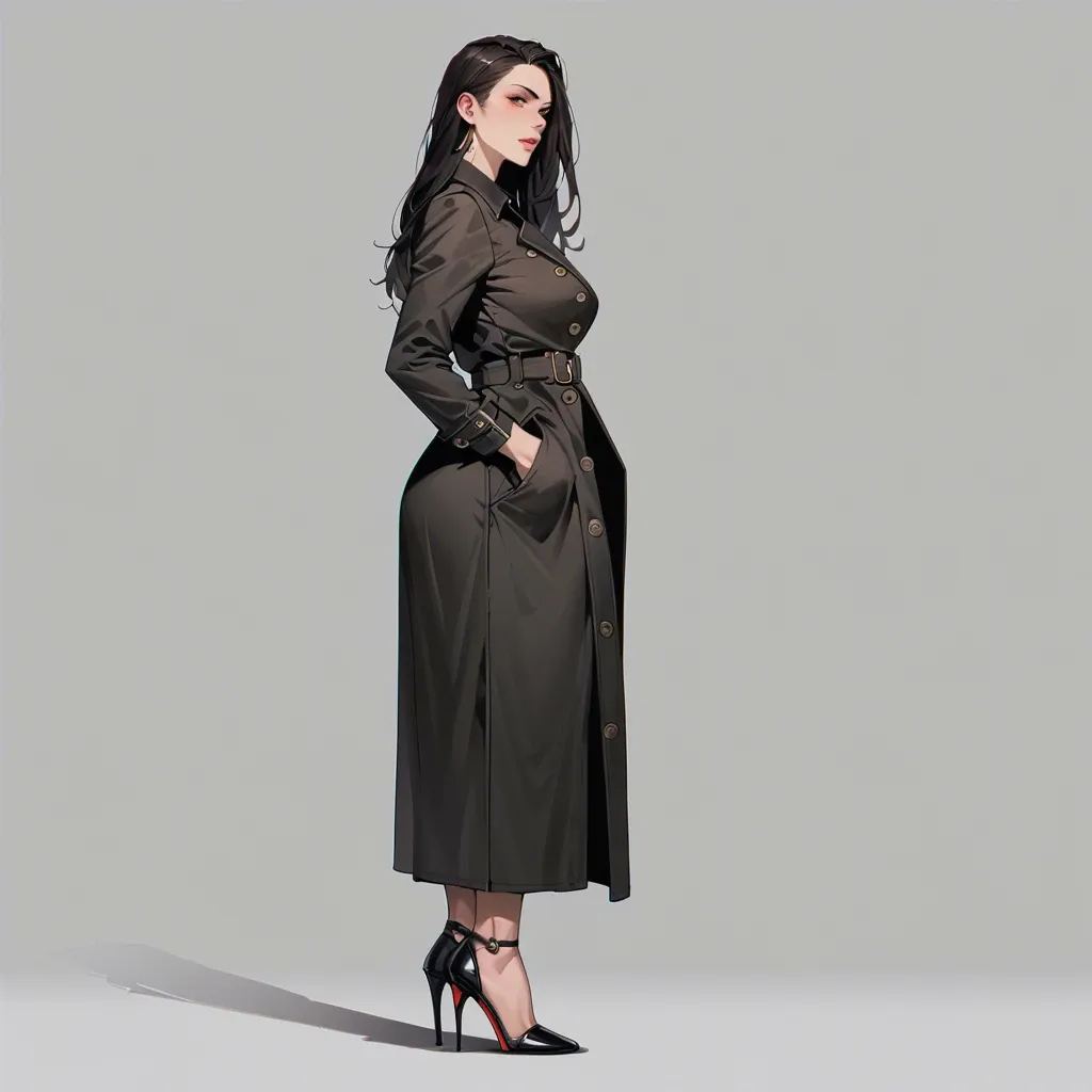 full bodt,side view,behind the face,curvy,trench dress, black long hair,simple background,standing, hands in pockets,highheels,Feet Apart,