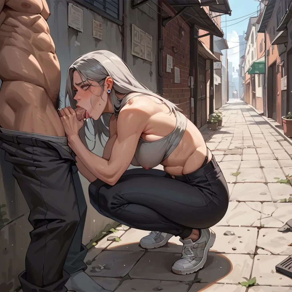 Paid homeless girl with Grey hair and gray underwear Grey socks black pants blowjob alleyway