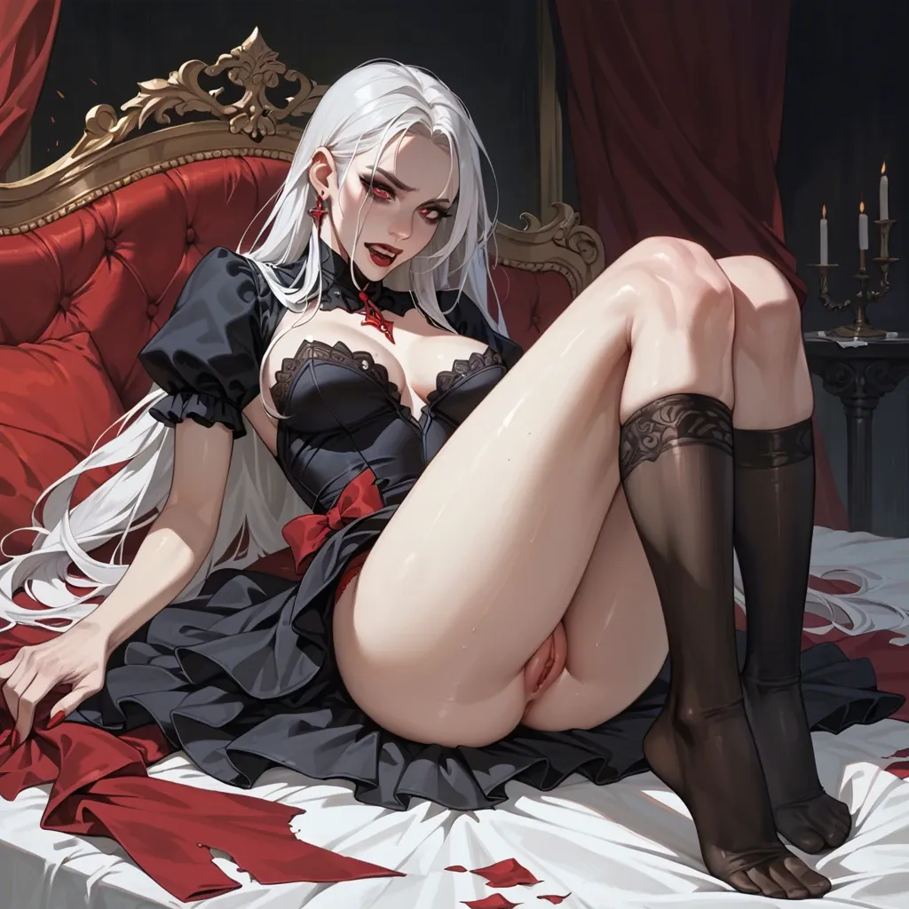 Lustfull vampire with white hair and violet and black dress and black knee socks red panties pussy