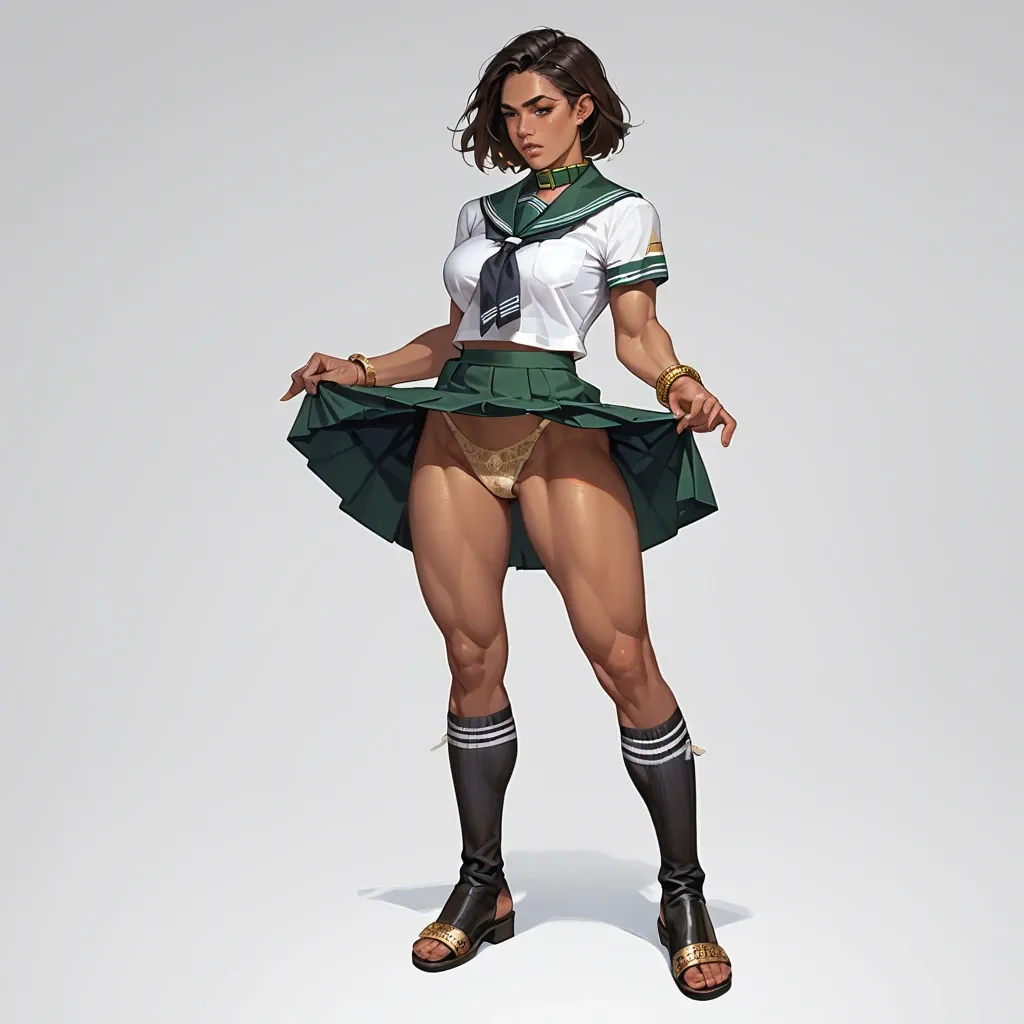 1girl,solo, , , , strong jaw,fingers,round tits,muscular back,brown skin, lifted skirt,socks,gold bracelets,print panties,black boots, school uniform,lace trim,green collar,thong,strappy sandals, girl in jungle, cyberpunk, facing camera, phone exposure, photo-realistic, dark sky