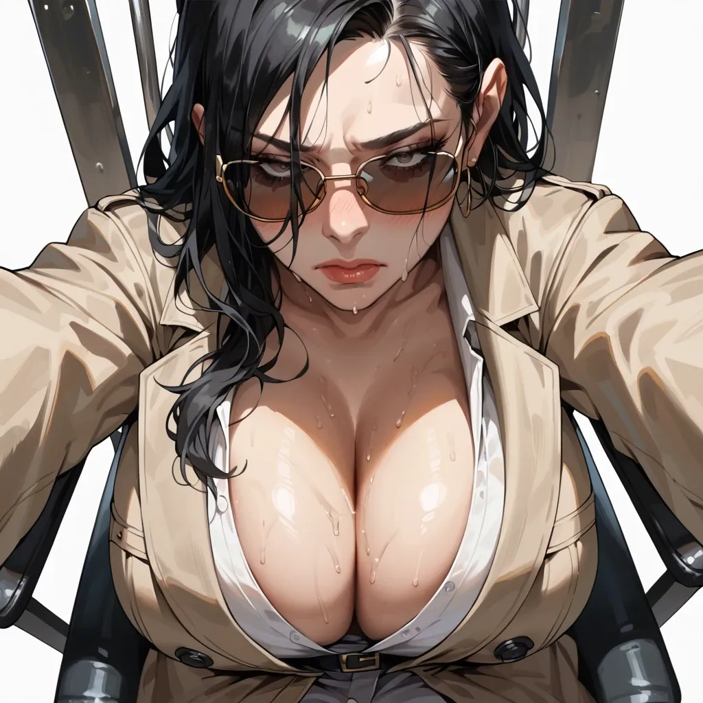 solo,front view,looking down,high angle,blush,close up,face focus,in heat,sitting on chair,outstretched arms,arousedleaning forward,cleavage,sunglasses,breast focus,curvy,trench coat,huge breasts,black long hair,simple background,