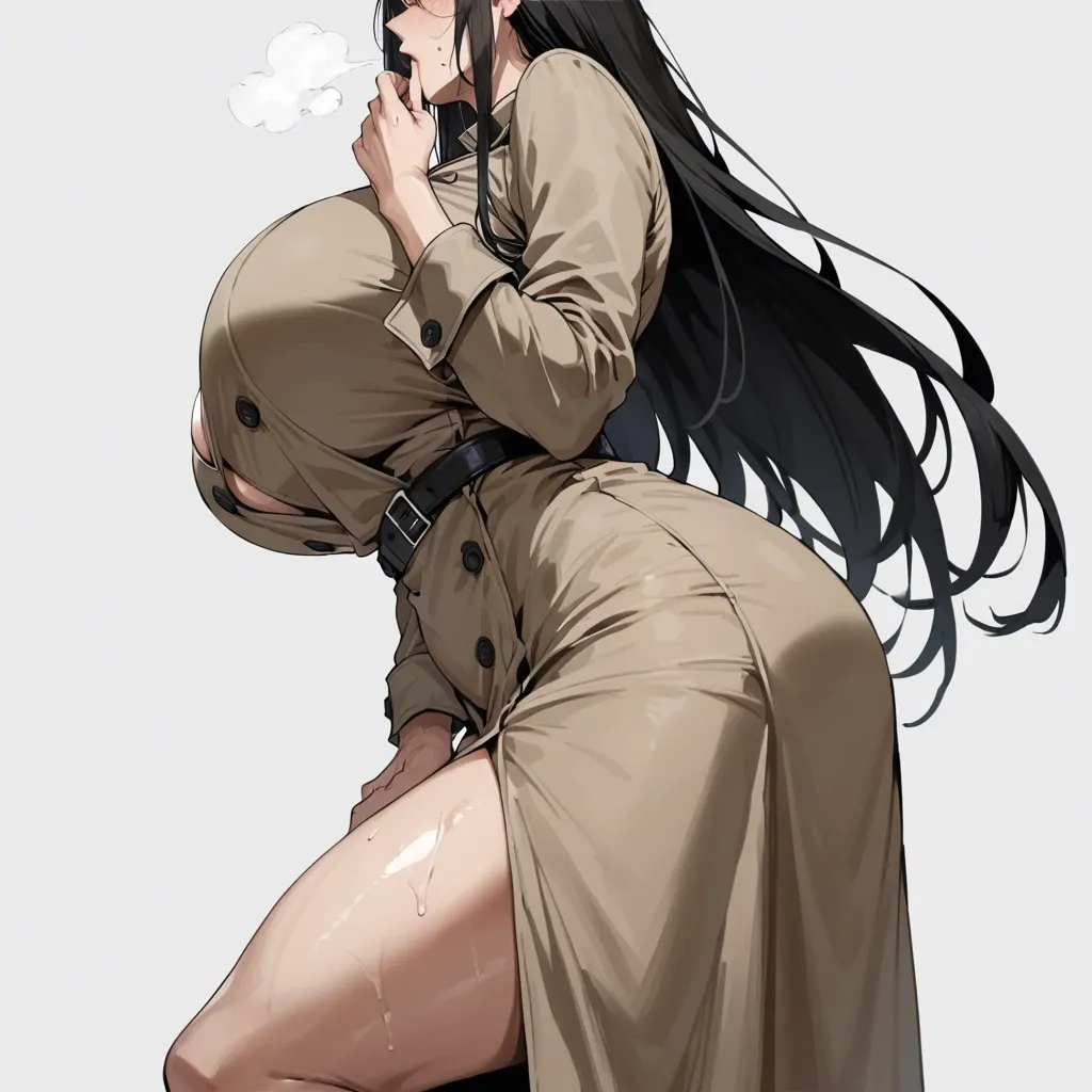 solo,side view,low angle,in heat,hand between legs,hand to own mouth,standing,curvy,trench dress,huge breasts,black long hair,simple background,