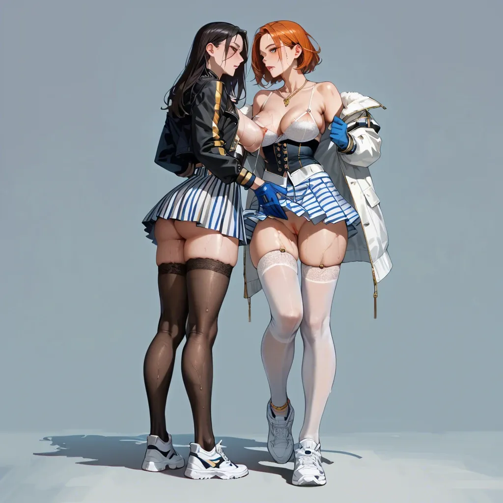 2girl, , , , touching body,tiptoe,round breasts,look back,necklace, jacket,gold anklets,nipple rings,wet bra,white sneakers, striped skirt,lace stockings,blue gloves,corset,white sneakers, nobara kugisaki, sparkles, spaceship, semi-realistic, bright-lit room, tifa lockhart