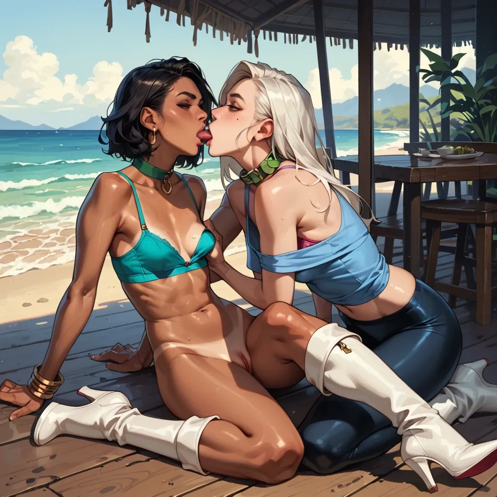 2girl, , , , sexy mole,amazing thighs,flat chest,breast feeding,tanned, group watching,high heels,medium breasts,background sea,colored skin, costume,leggings,green collar,loose bra,white boots, blue shirt,anklets,beanie,one-piece,strappy sandals, water sparkles, castle exterior, linked, ariel, dynamic