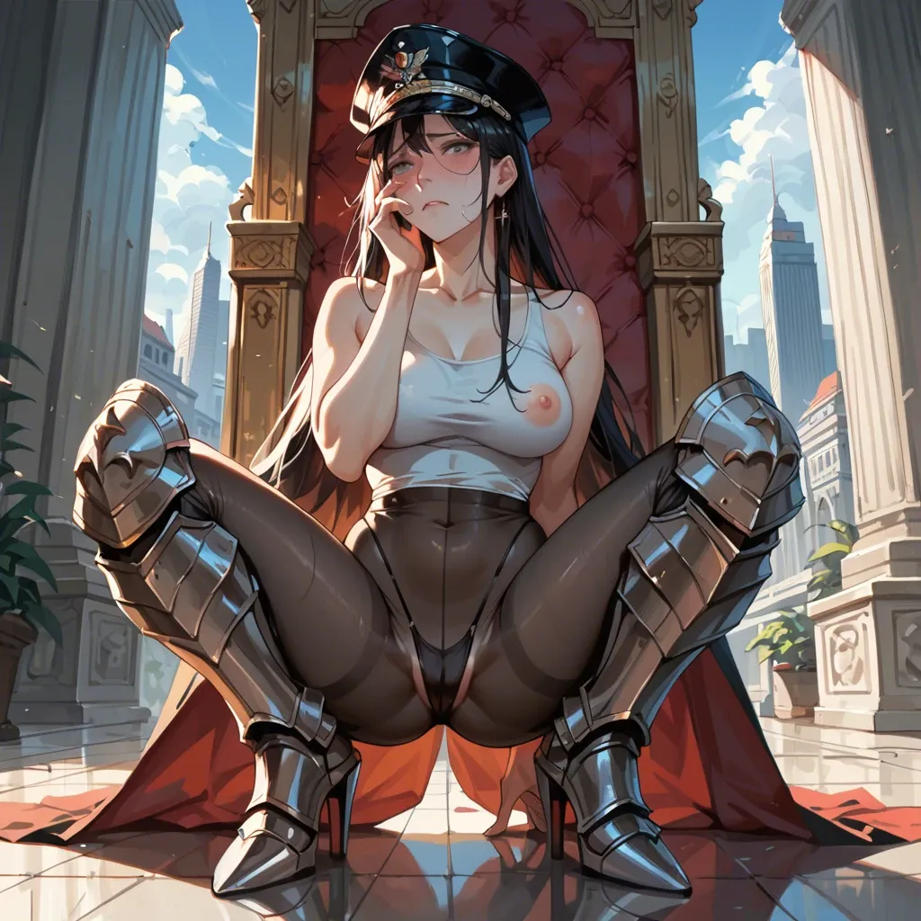 1girl,solo, , , , crouching,hand on face,light areolae,absurd quality,bare shoulders, tight tank top,tights,military hat,showing thong,armored boots, embarrassed, city background, throne room, collarbone, cartoon, rainy night, zelda sd