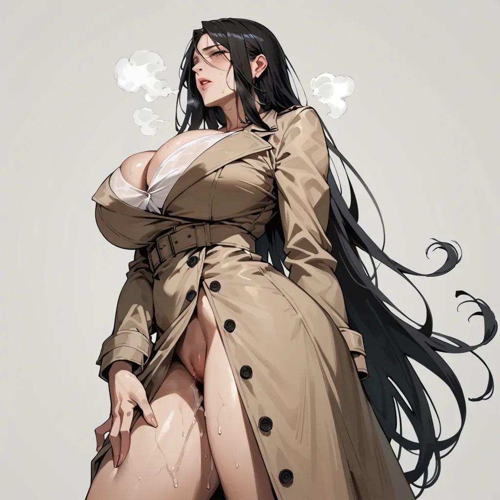 solo,side view,low angle,in heat,hand between legs,standing,cleavage,breast focus,curvy,trench dress,huge breasts,black long hair,simple background,