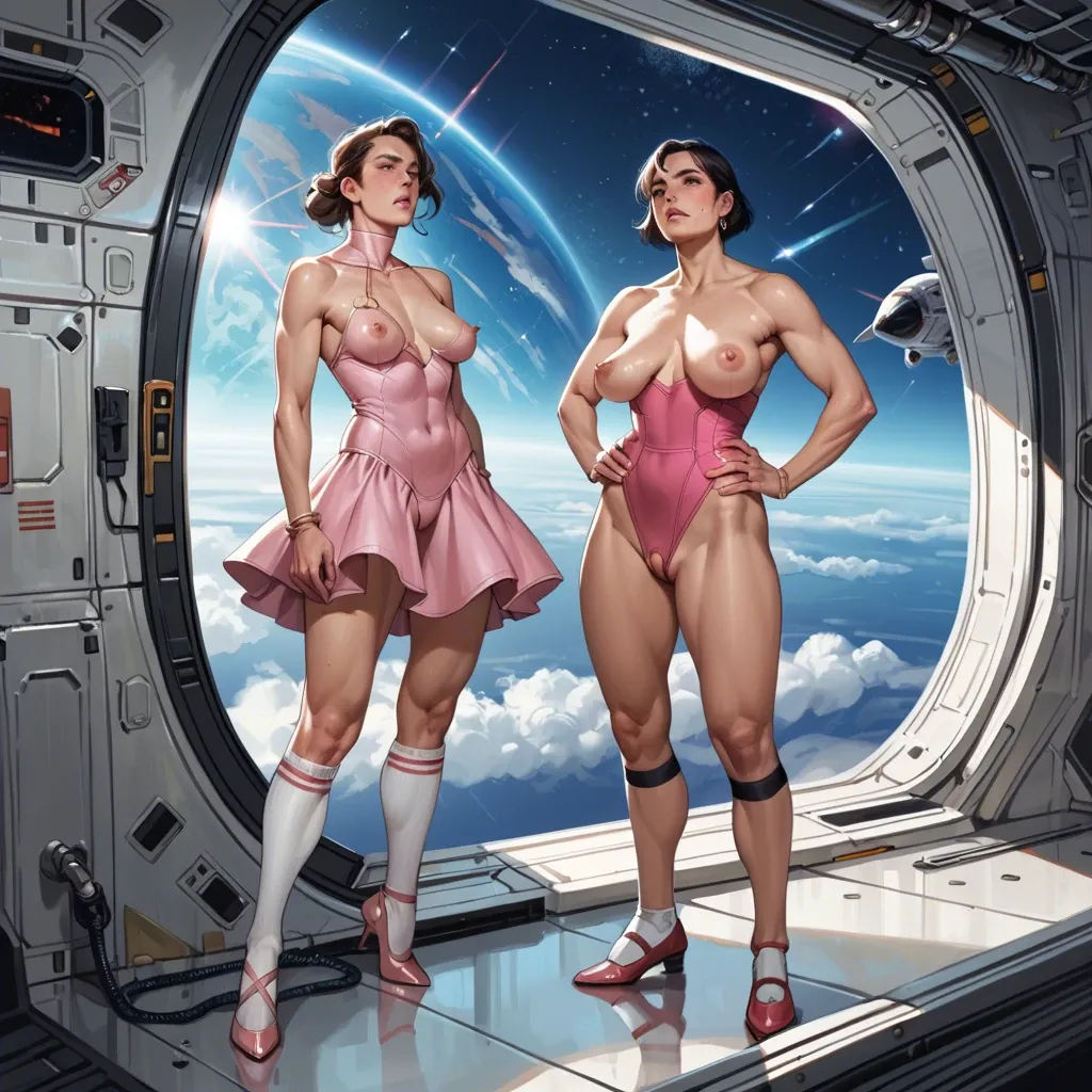 2girl, , , , cheek bulge,armour,defined nipples,fake boobs,knee, nose ring,hands on hips,saggy breast,space ship,bare shoulders, pink dress,knee socks,metal rings,one-piece,ballet shoes, shirt,garter belt,black gloves,white panties,heels, glass shower, sparkling, cyberpunk, table, very detailed, dim lighting, girl lara croft, ariel, ariel waifu